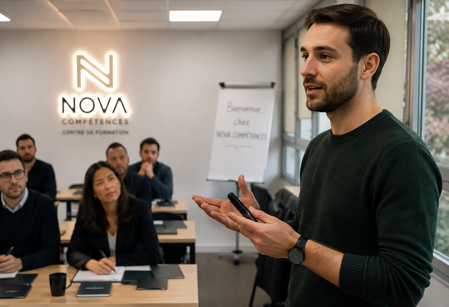 Formateur Nova Compétences animant une session en salle de formation
